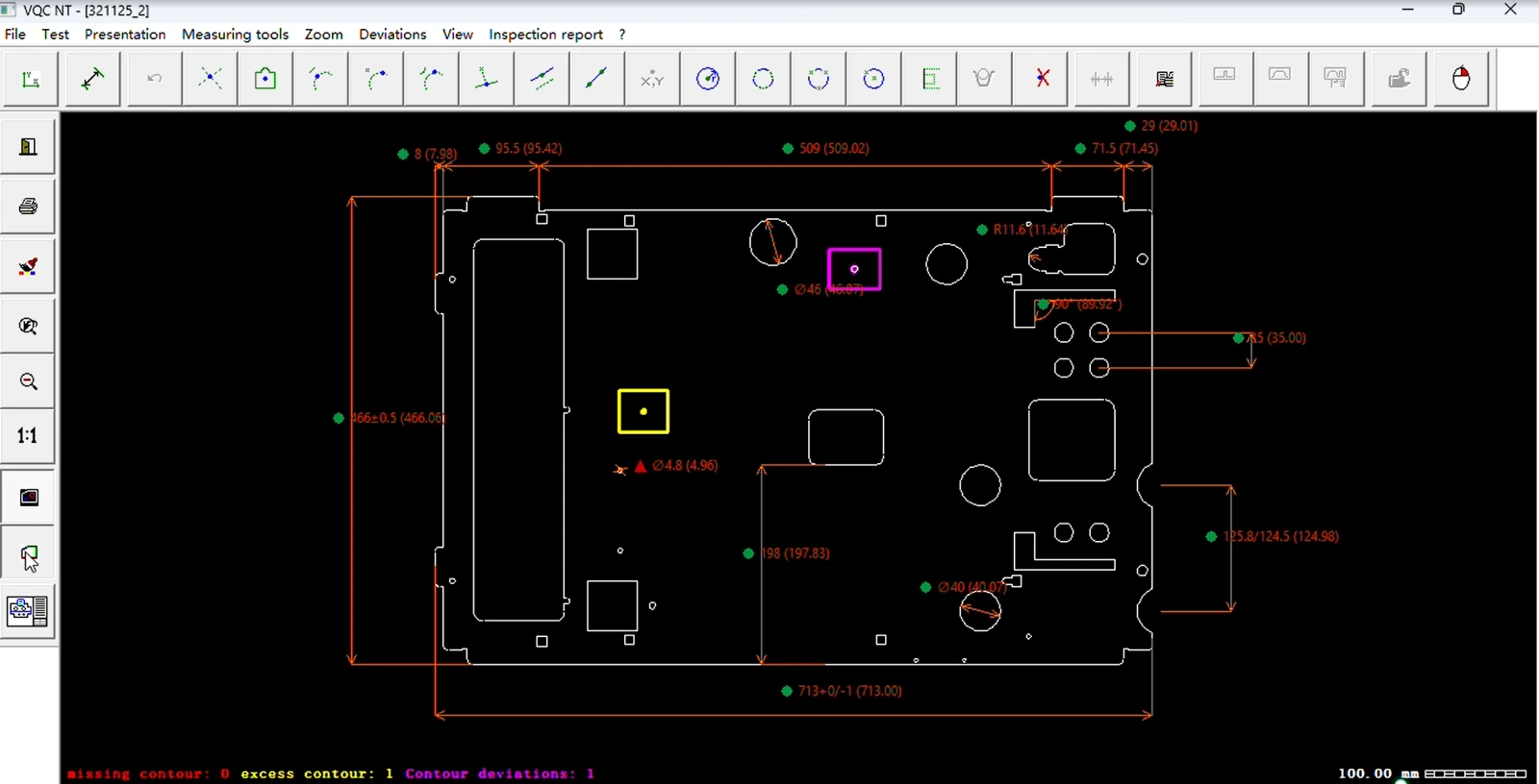 Contour deviation comparison in the actual VQC software